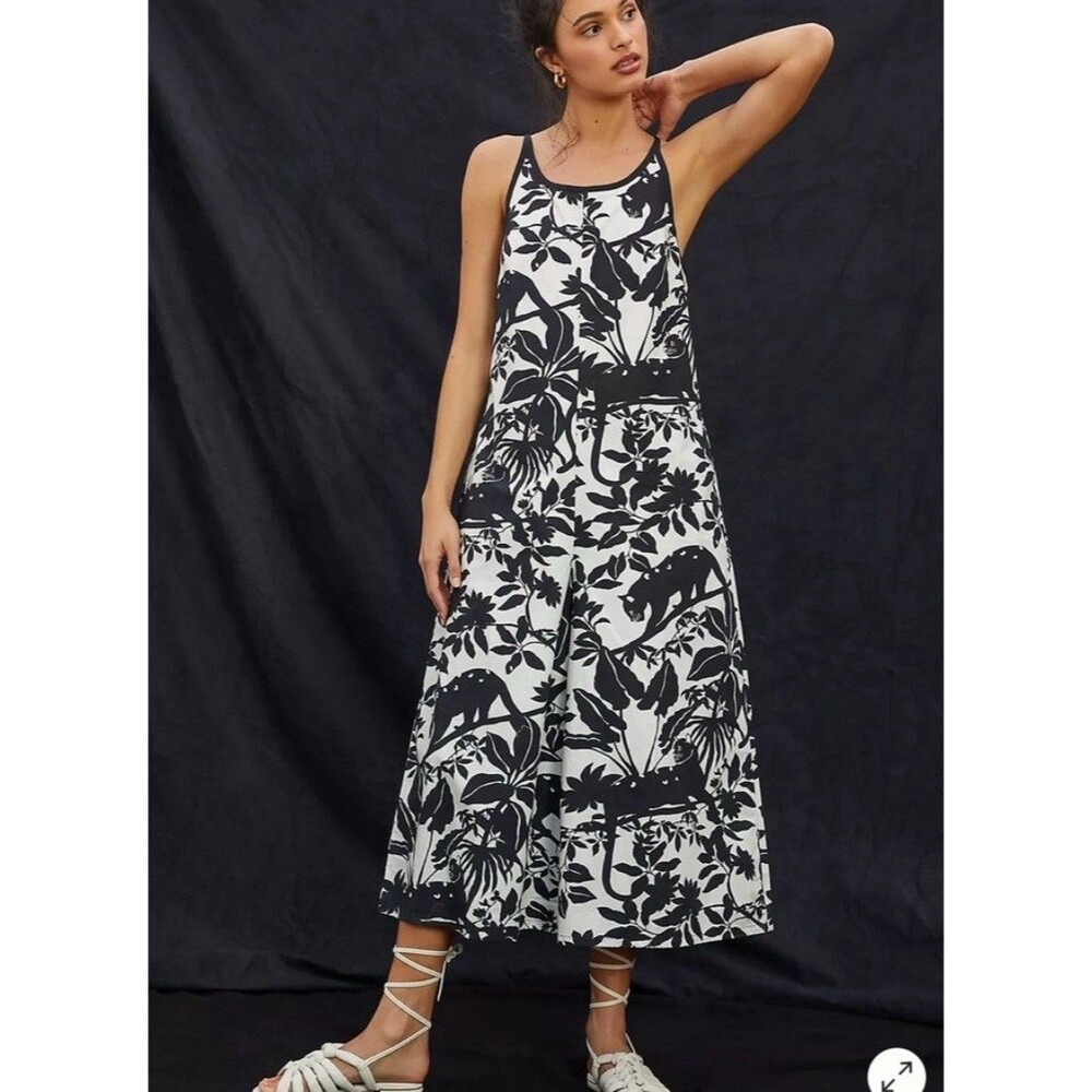 Anthropologie || Maeve Chrysanthemum Wide-Leg Jumpsuit Animal Print Black Large